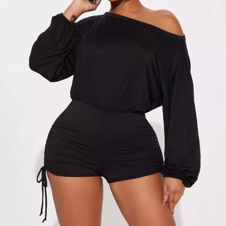 Damen Off-Shoulder Jumpsuit mit gerafften Seiten R&B