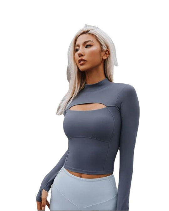 Damen figurbetontes Sportoberteil mit hohem Kragen und Cut-Out-Detail R&B