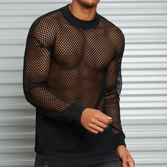 Herren nan transparentes Netz-Langarmshirt mit Rundhals und gerippten Bündchen R&B