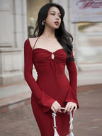 Damen Figurumspielendes Maxikleid mit schicker Schnürung und eleganten Ärmeln EB