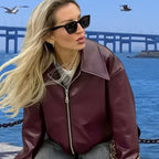 Damen Kunstlederjacke mit Stehkragen und voluminösen Ärmeln R&B