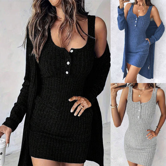 Damen Strickkleid mit Knopfdetails und passendem Cardigan R&B