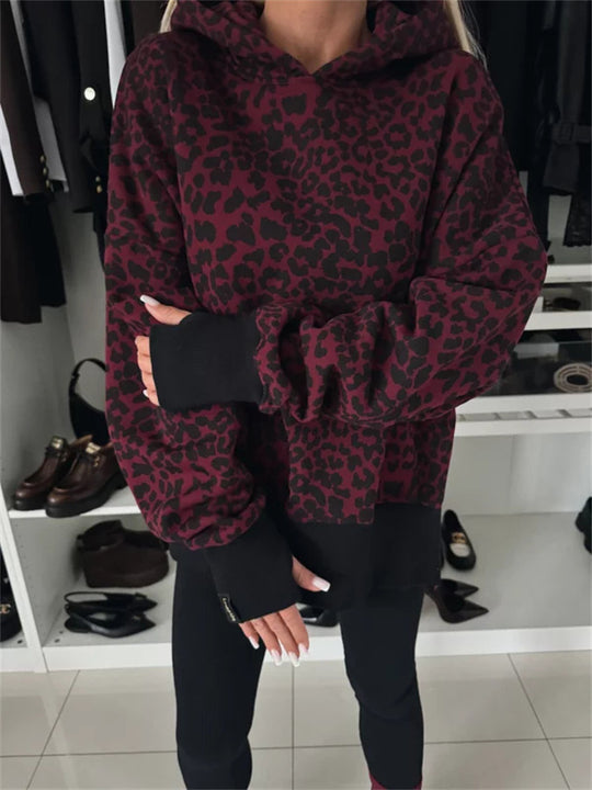 Damen legere Kapuzenpullover mit tierischem Muster und Daumenlöchern R&B
