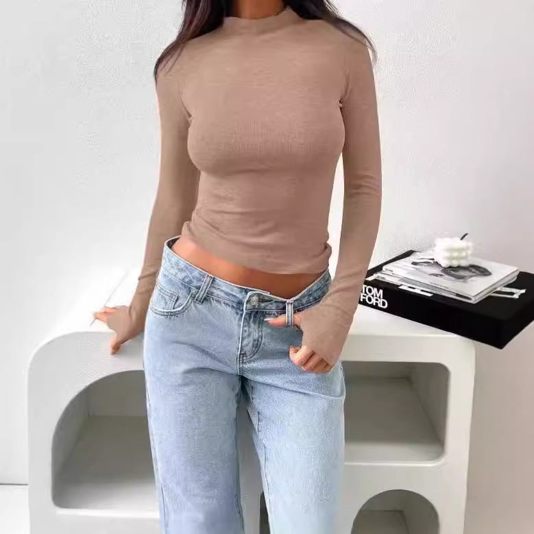 Damen Langarm-Shirt mit hochgeschlossenem Design und feiner Ripp-Textur R&B