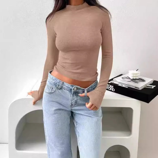 Damen Langarm-Shirt mit hochgeschlossenem Design und feiner Ripp-Textur R&B