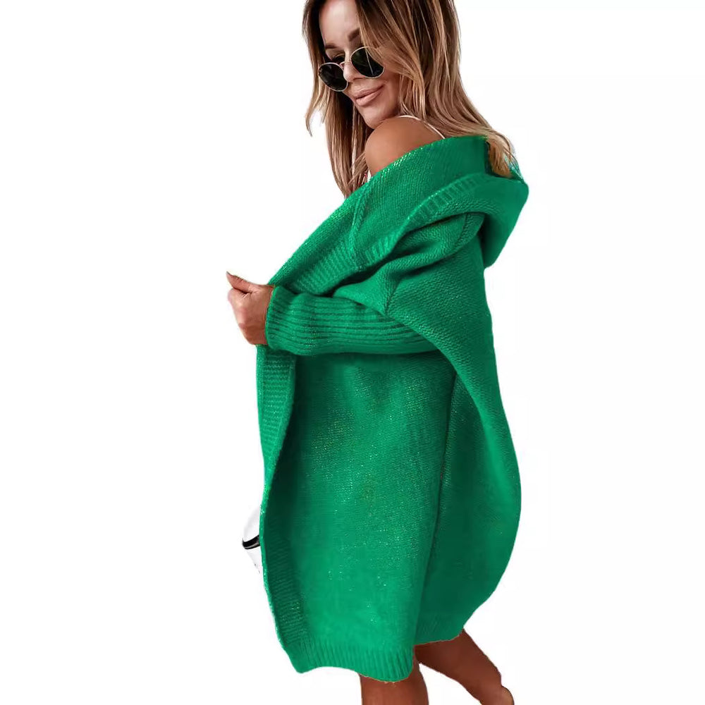 Damen gemütlicher Strickcardigan mit Kapuze und weit geschnittenen Ärmeln R&B