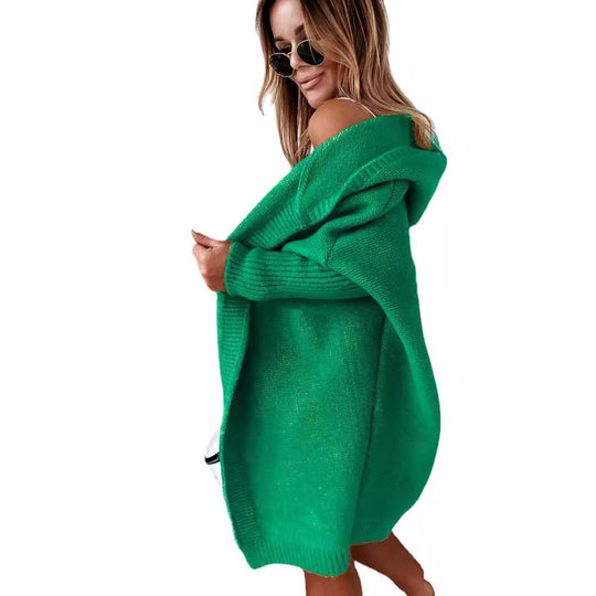Damen gemütlicher Strickcardigan mit Kapuze und weit geschnittenen Ärmeln R&B