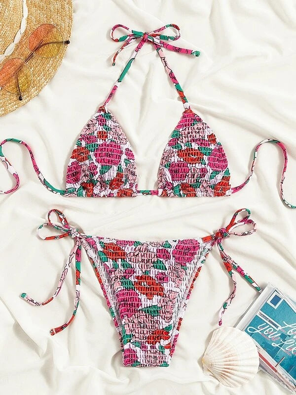 Damen Triangel-Bikini mit floralem Design und verstellbaren Bindändern