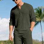 Herren nan geripptes Freizeit-Set mit Henley-Oberteil und elastischer Bundhose R&B