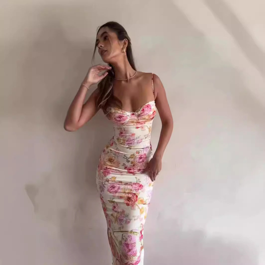 Damen bodenlanges Blumen-Minikleid mit Spaghettiträgern und Raffungen R&B