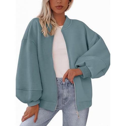 Damen lässige Oversized-Jacke mit Reißverschluss und ballonen Ärmeln R&B