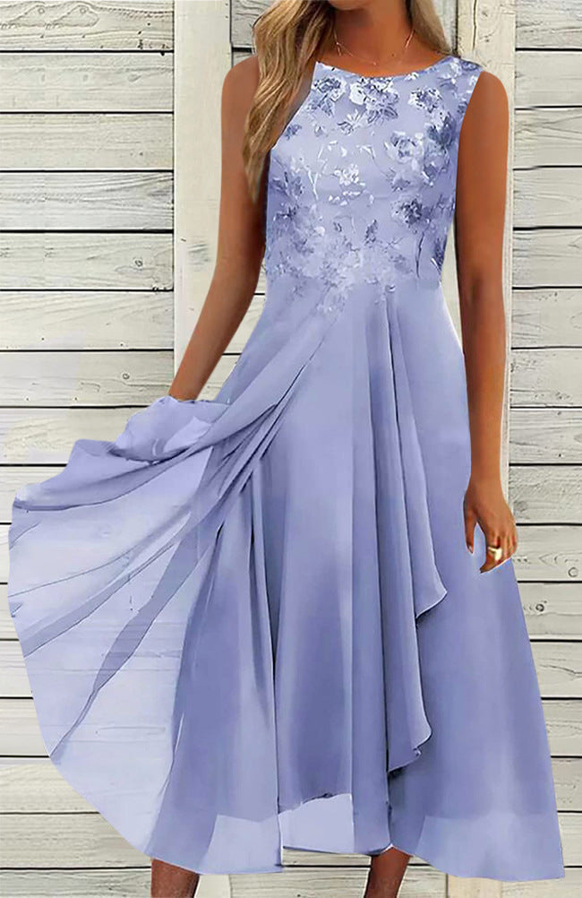 Damen nan ärmelloses Chiffon-Midikleid mit bestickter Brustpartie und asymmetrischem Lagenrock R&B
