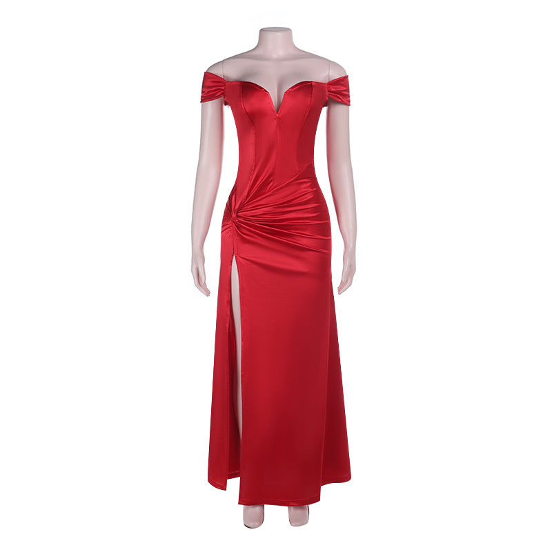 Damen elegantes Abendkleid mit schulterfreiem Design und hohem Schlitz R&B