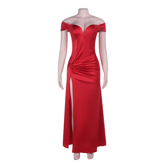Damen elegantes Abendkleid mit schulterfreiem Design und hohem Schlitz R&B