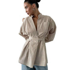 Damen Moderner Wrap-Blusenstil mit Gürtel und Vertikalen Streifen R&B