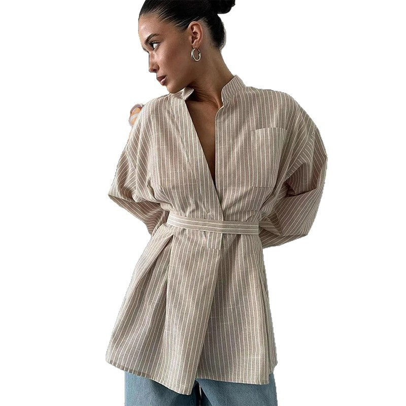 Damen Moderner Wrap-Blusenstil mit Gürtel und Vertikalen Streifen R&B