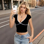 Damen Crop-Top mit V-Ausschnitt und Kontrastbesatz R&B
