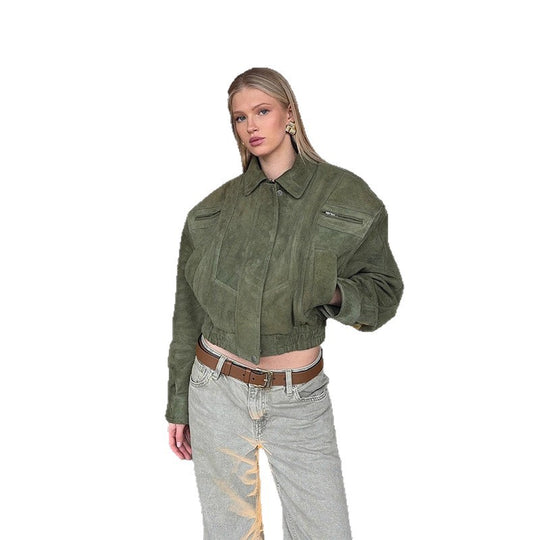 Damen modische Suede-Bomberjacke mit voluminösen Ärmeln R&B