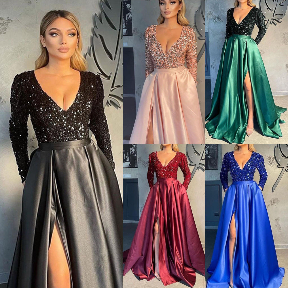 Damen Glamouröses Abendkleid mit tiefem V-Ausschnitt und schimmernden Pailletten R&B