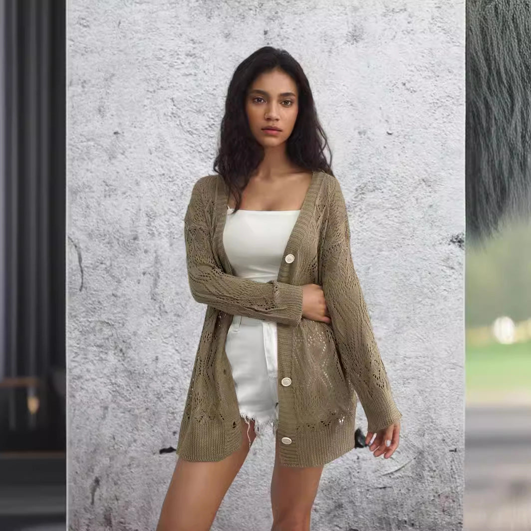 Damen Strickjacke mit luftiger Lochmusterung und schönen Knöpfen R&B