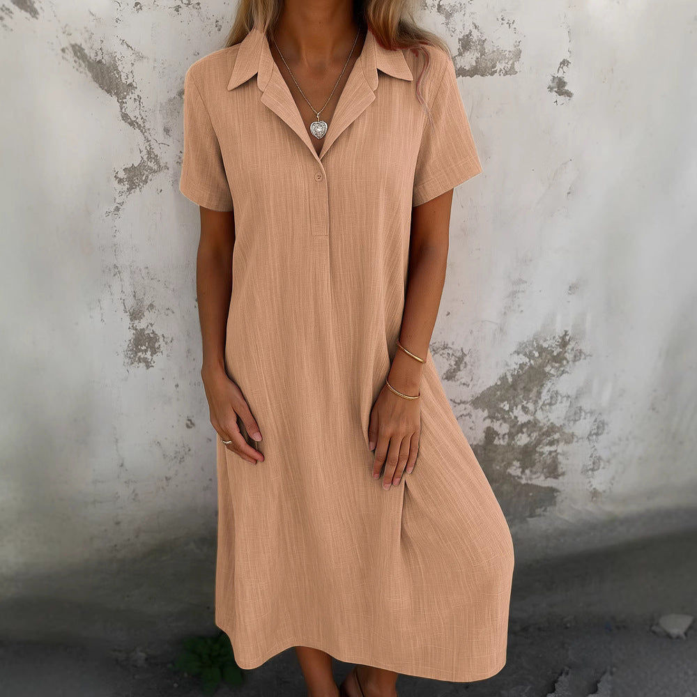 Damen lässiges Maxikleid mit Kragen und kurzen Ärmeln