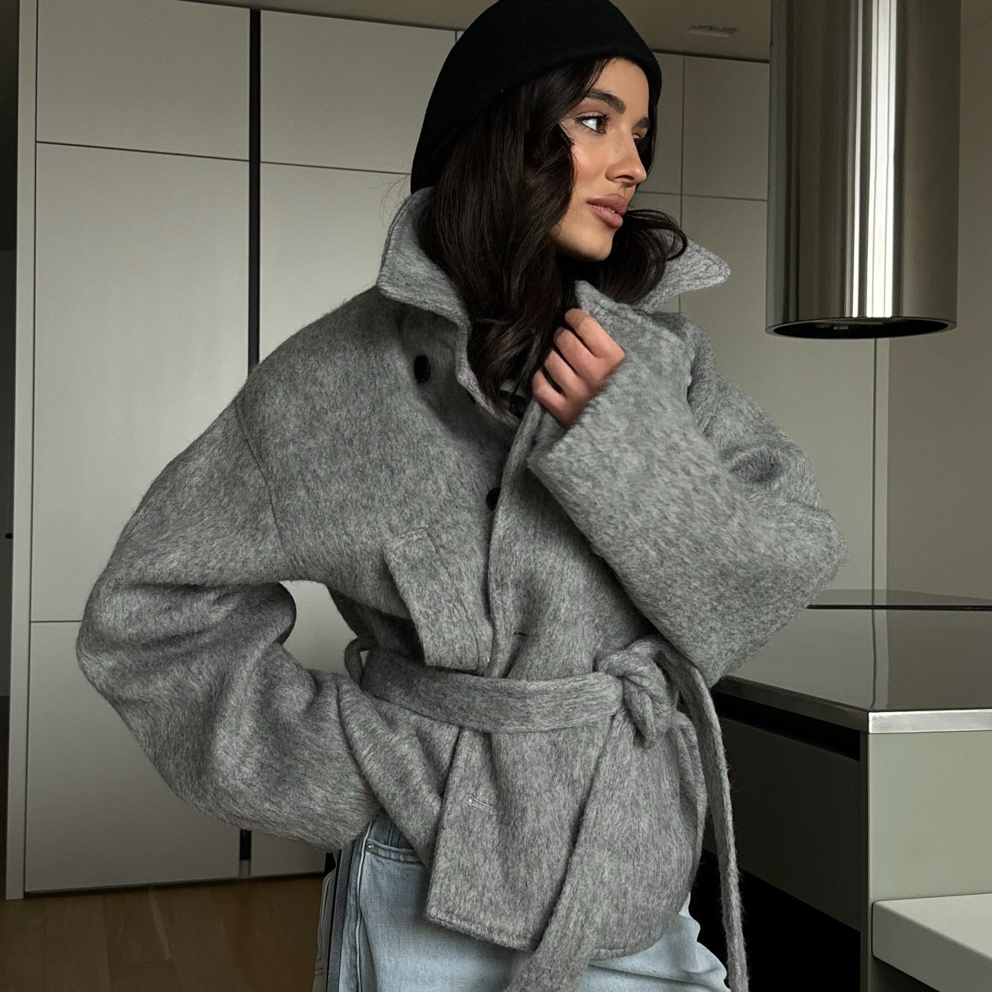 Damen Gemütliches Crop-Pullover-Set aus weichem Material mit reißerisch-verschlossenem Kragen R&B