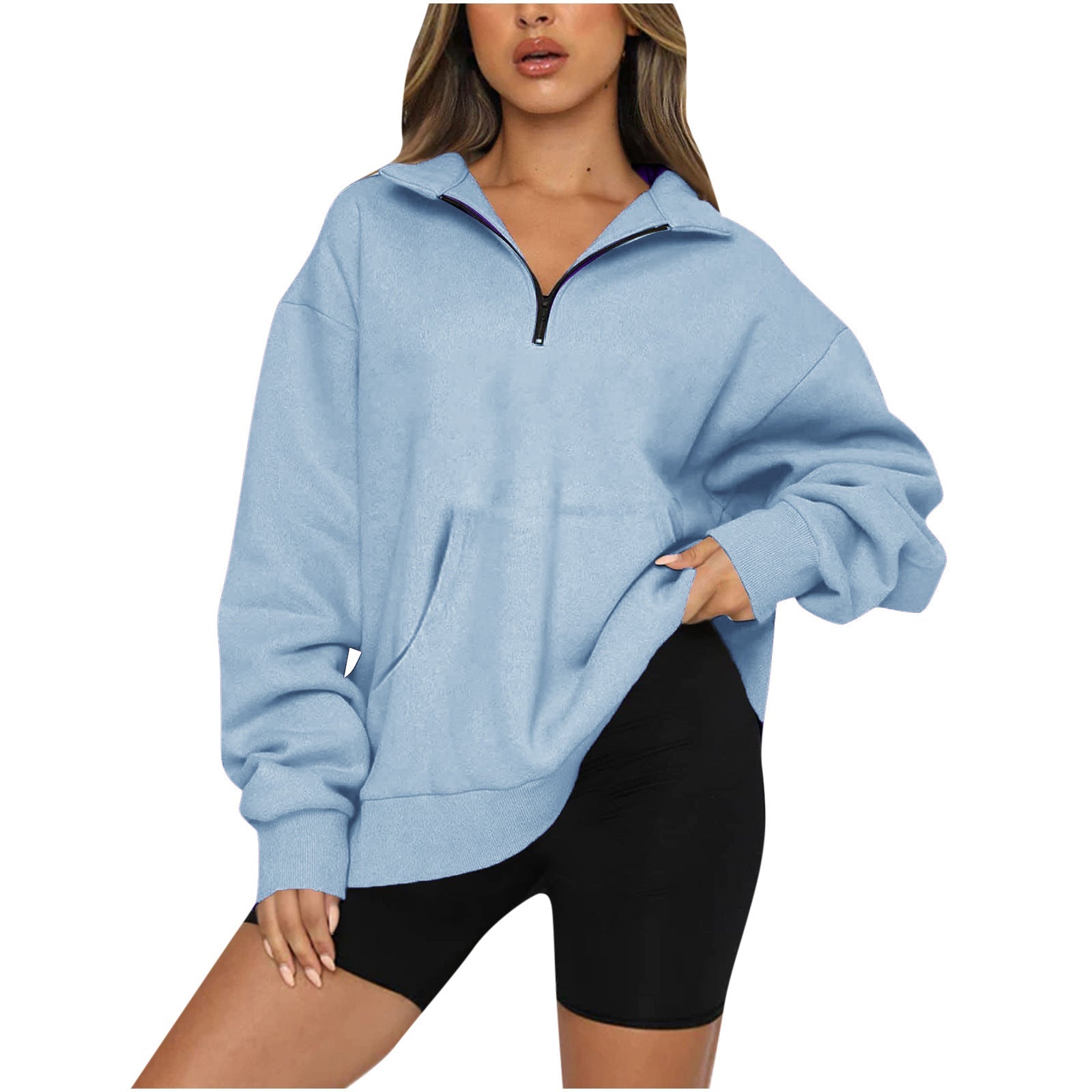 Damen Oversized Sweatshirt mit halbem Reißverschluss und Kapuze R&B