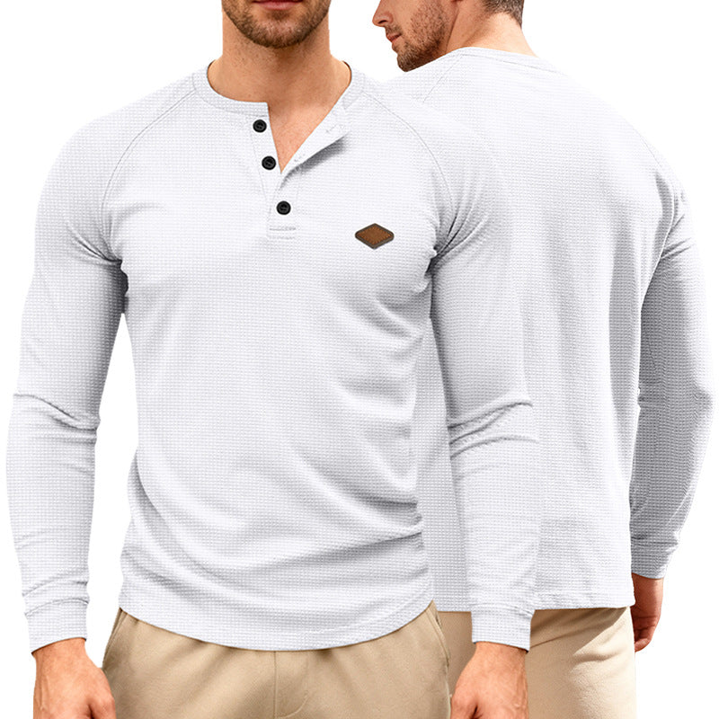 Herren nan Waffelstrick-Henley Langarmshirt mit Raglanärmeln, Halbknopfleiste und Lederlabel R&B