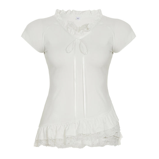 Damen Rüschenoberteil mit strapazierfähigem V-Ausschnitt und eleganter Spitzendetail R&B