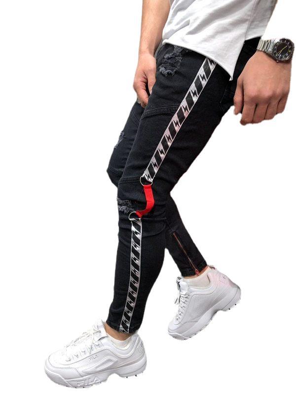 Herren modische Ripped Jeans mit kontrastierenden seitlichen Streifen und detailverliR&Bten Designelementen R&B