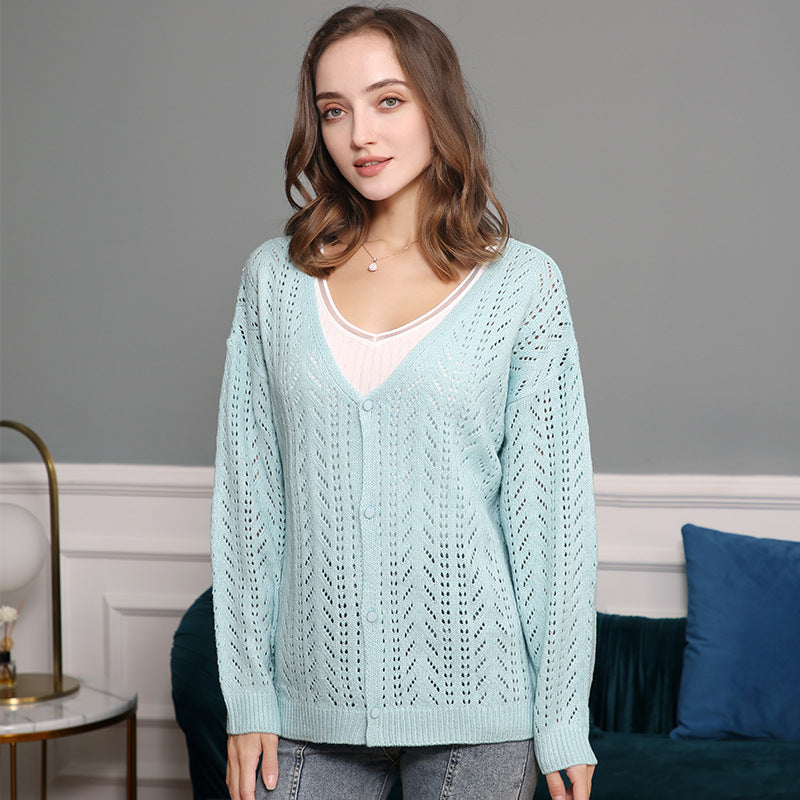 Damen Strickcardigan mit luftiger Lochmusterung und V-Ausschnitt