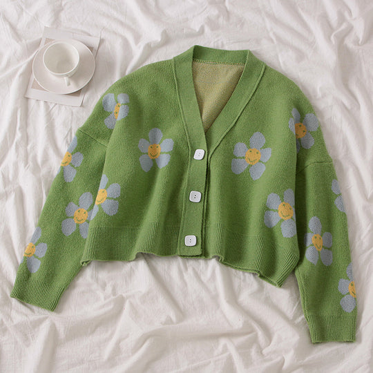 Damen Kürzer Strickcardigan mit floralen Motiven und Knopfdetails R&B