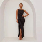 Damen Elegantes Satinabendkleid mit sexy Schlitz und raffiniertem Schnitt R&B
