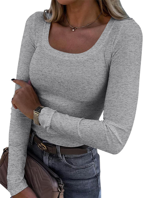 Damen Langarm Ripp-T-Shirt mit elegantem U-Boot-Ausschnitt R&B
