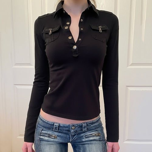 Damen Poloshirt mit stylischen Taschen und eleganten Druckknöpfen R&B
