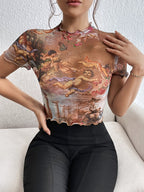 Damen nan figurnahes transparentes Mesh-Top mit barockem Engeldruck, Stehkragen und Kräuselsaum R&B