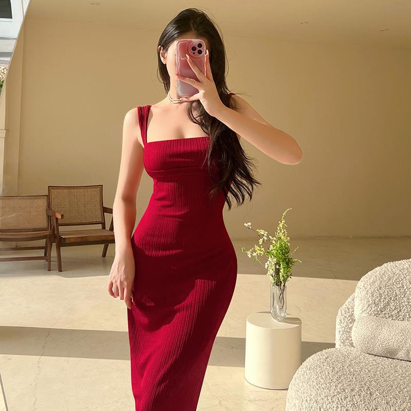 Damen figurbetontes Maxi-Kleid mit quadratischem Ausschnitt und Rippstruktur R&B