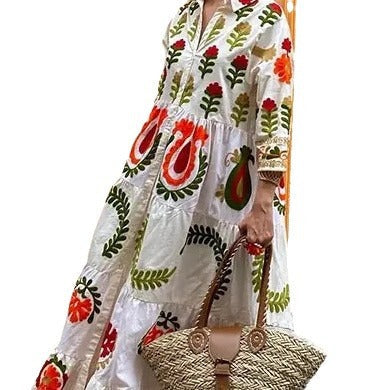 Damen Langarm-Teilkaro Kleid mit floralen Stickereien R&B