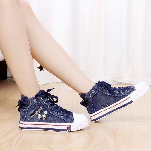 Damen Hohe Sneaker aus Denim mit dekorativen Details R&B