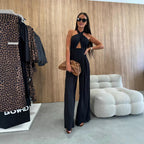 Damen Jumpsuit mit tiefem V-Ausschnitt und weiten Beinen R&B