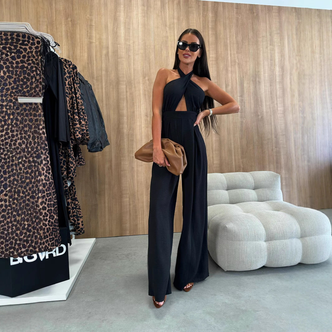 Damen Jumpsuit mit tiefem V-Ausschnitt und weiten Beinen R&B