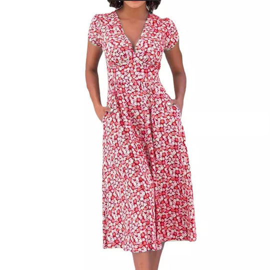 Damen Maxi-Kleid mit floralen Mustern und Taschen R&B