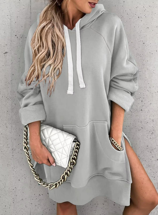 Damen lässiges Kapuzenkleid mit praktischen Eingrifftaschen und seitlichen Schlitzen R&B