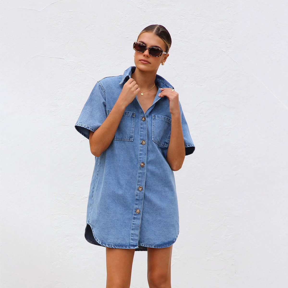 Damen Denim Hemdkleid mit kurzen Ärmeln und praktischen Taschen R&B