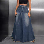 Damen langer Jeansrock mit fransigem Saum R&B