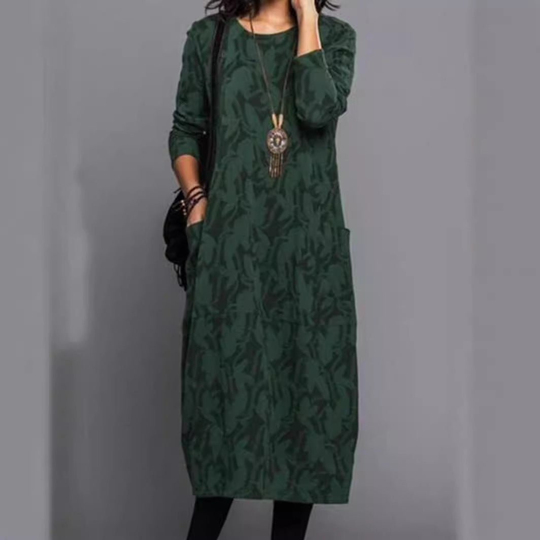 Damen nan locker geschnittenes Midikleid aus Feinstrick mit Ton-in-Ton-Jacquard, Rundhalsausschnitt und seitlichen Eingrifftaschen R&B