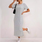 Damen Maxikleid mit seitlichen Schlitzen und gestreiftem Design R&B