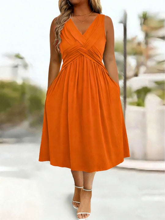 Damen Sommerkleid mit tiefem V-Ausschnitt und Seitentaschen R&B