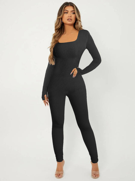 Damen Langarm Jumpsuit im eleganten Rippenmuster R&B