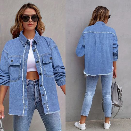Damen Jeansjacke mit lässigem Schnitt und großen Taschen R&B